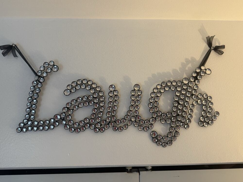 Laugh Script Word Wall Art Home Decor Sign Rhinestone Black Ribbon Glam
